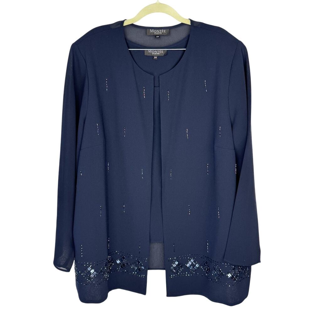 Montee Collection Navy Blue Beaded Geometric Tank Jacket 2 Piece Set Top Sz 20W